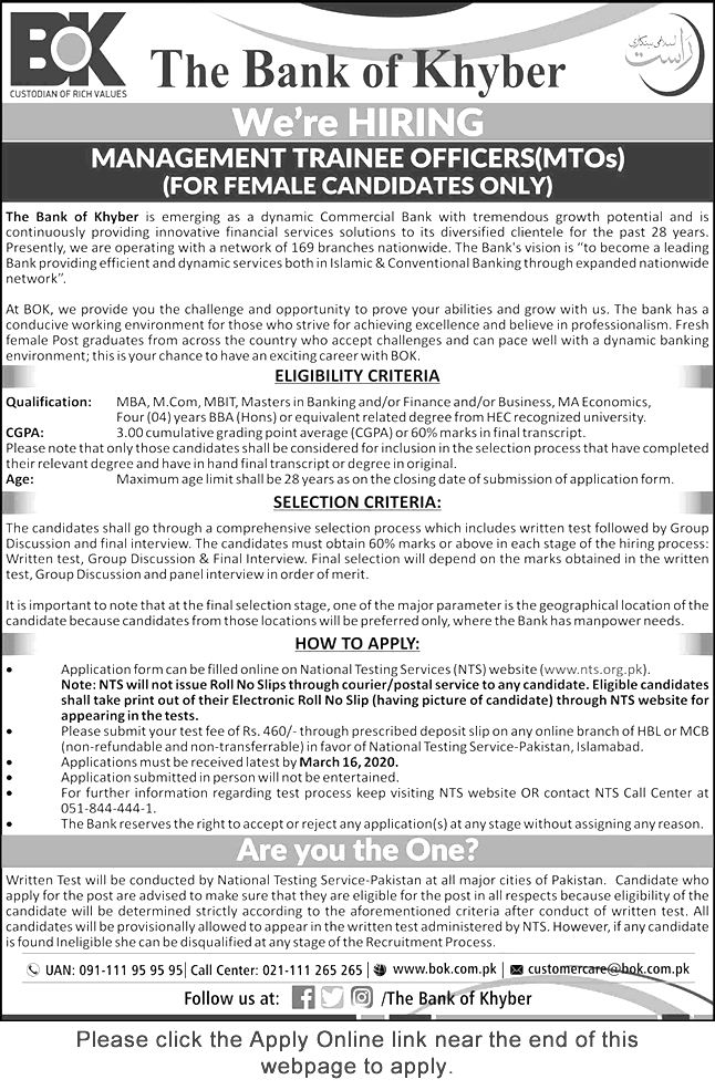 The Bank of Khyber Jobs 2020 NTS Test Eligibility Criteria Last Date