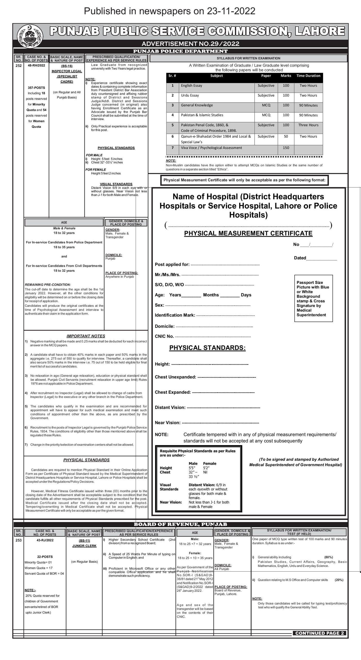 PPSC Punjab Police Department Jobs 2022 Test Registration Eligibility Criteria