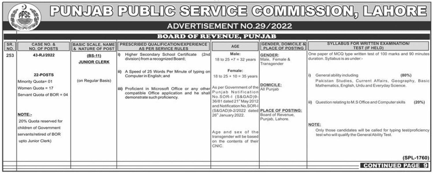 PPSC Board of Revenue Punjab Jobs 2022 Test Eligibility Criteria Apply Online