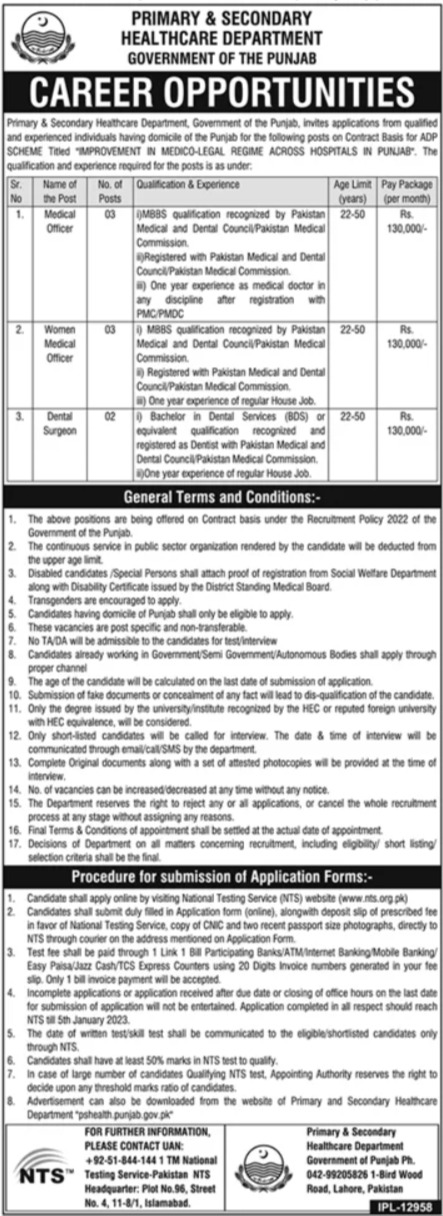 NTS Punjab Primary And Secondary Health Care Department Jobs 2024 Test Apply Online Eligibility Criteria