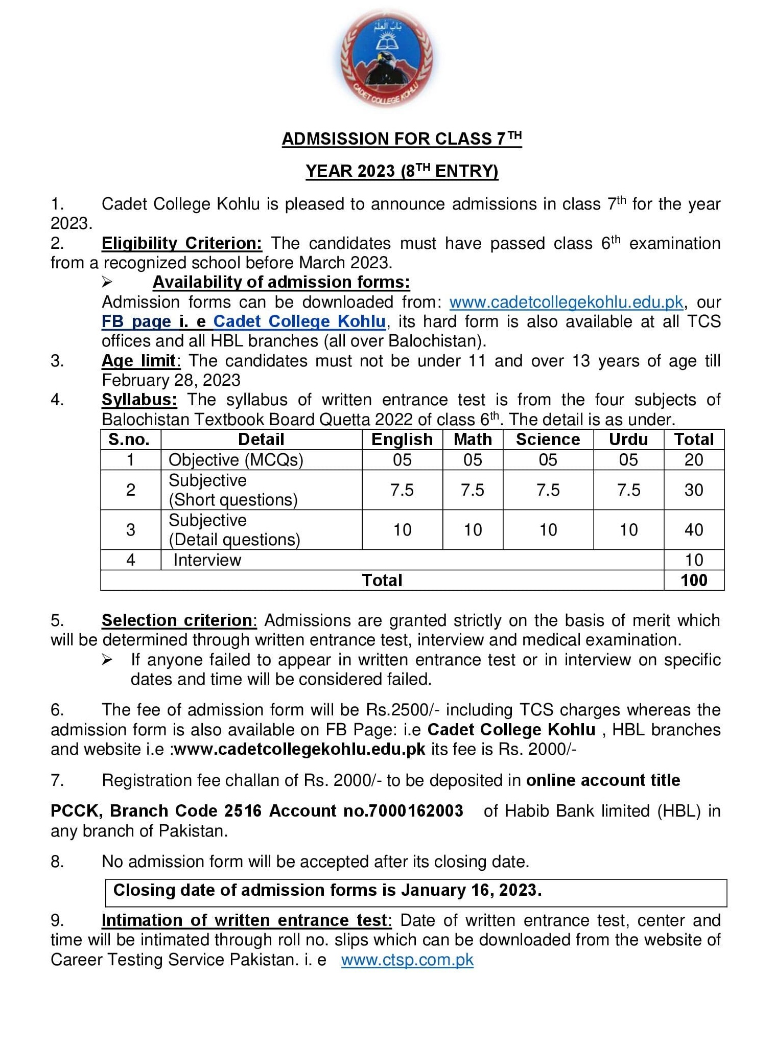 CTSP Roll No Slip of Cadet College Kohlu Admission 2024 Merit List Test Schedule