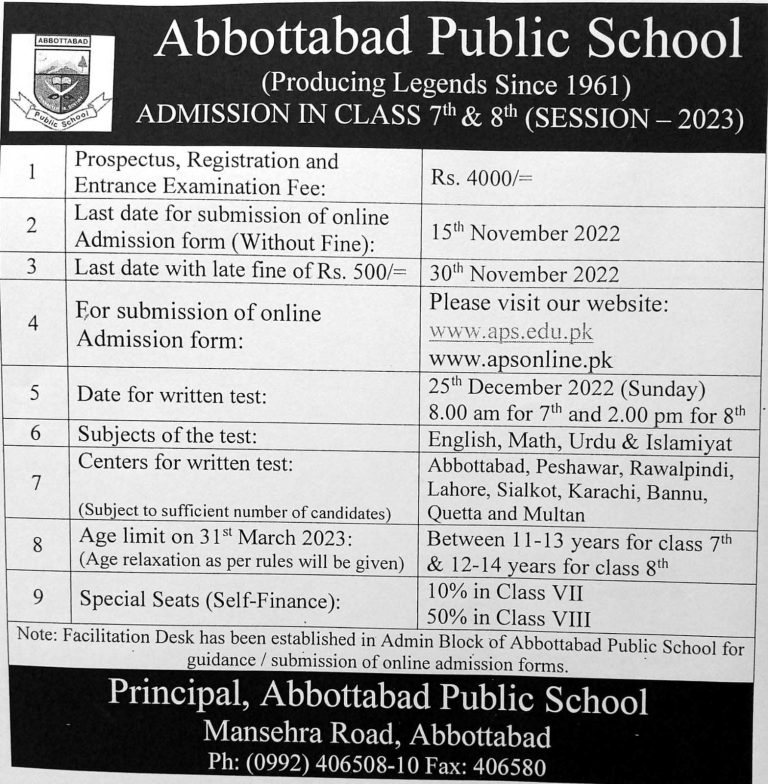 NTS Abbottabad Public School Admission 2024 Written Test Date Roll No Slip Merit List
