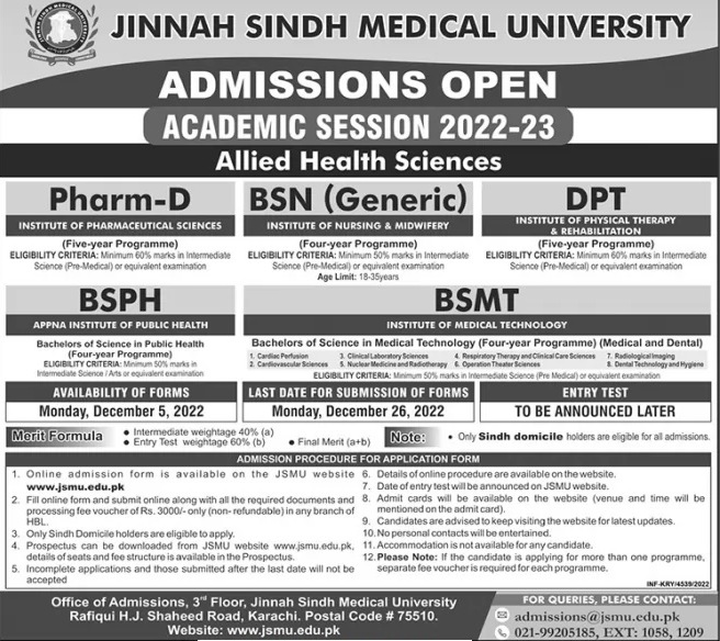 Jinnah Sindh Medical University Admission 2024 Entry Test Registration Eligibility
