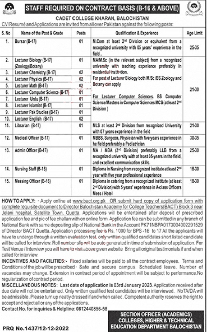 Cadet College Kharan Balochistan Teaching Jobs 2024 Download Roll No Slip Test Schedule Answer Key