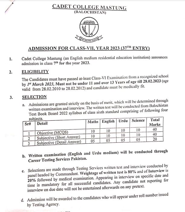 CTSP Roll Number Slip 2024 Entry Test Date of Cadet College Mastung Class VII