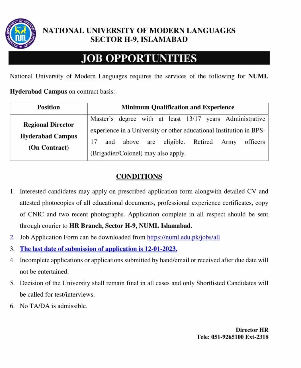 NUML Hydrabad Campus Jobs 2024 Roll No Slip Recruitment Test Date Candidate List