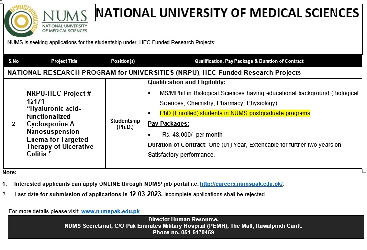 NUMS NRPU Jobs 2024 Registration Deadline