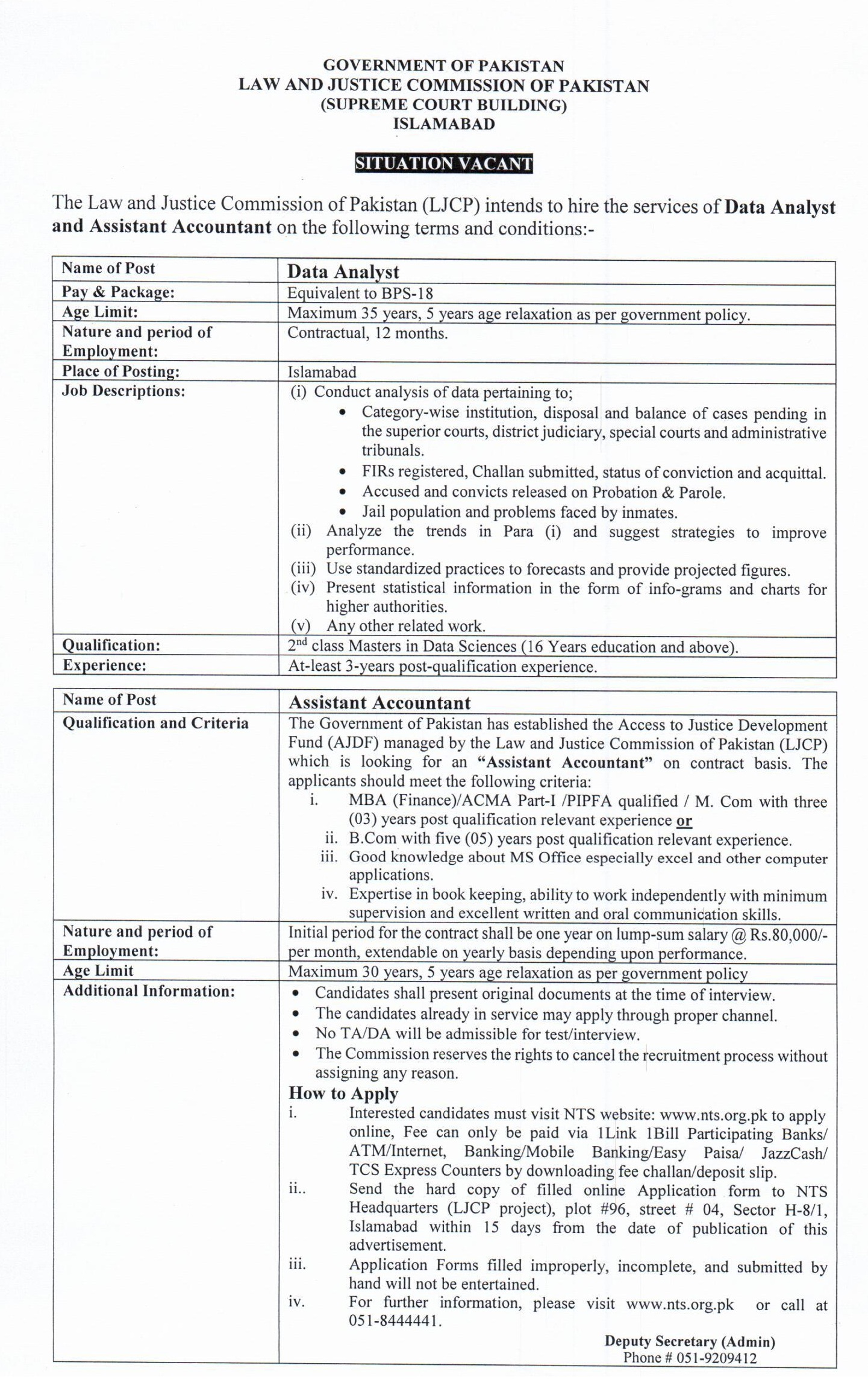 NTS Law and Justice Commission Pakistan Jobs 2024 Apply Online