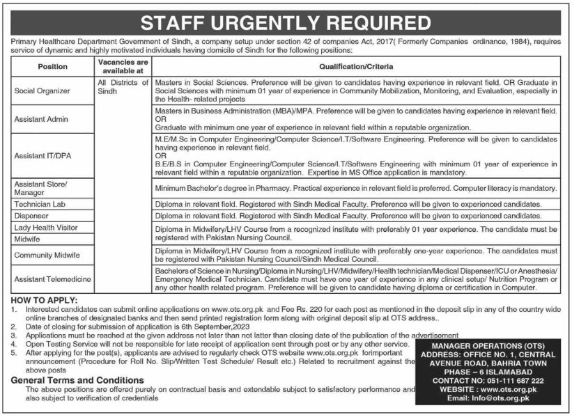 OTS Primary Healthcare in Sindh Jobs 2024 Roll No Slip