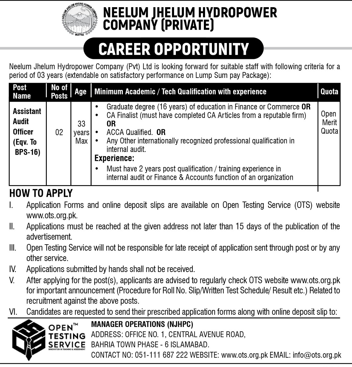 OTS Neelum Jhelum Hydropower Company Jobs 2024 Roll No Slip