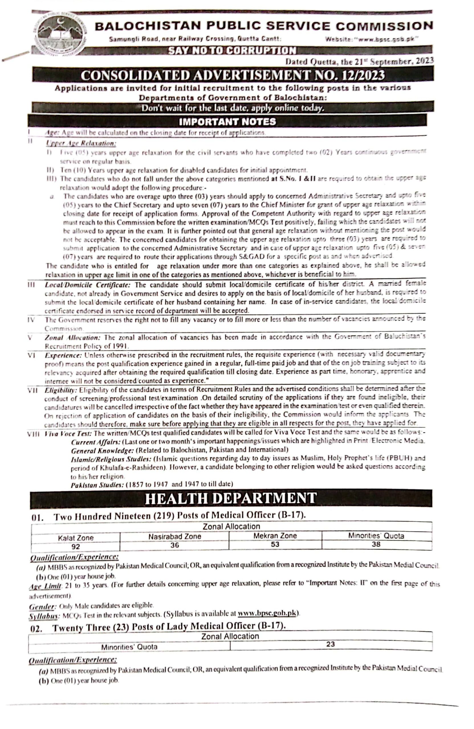 BPSC Health Department Jobs 2024 Registration Eligibility Criteria