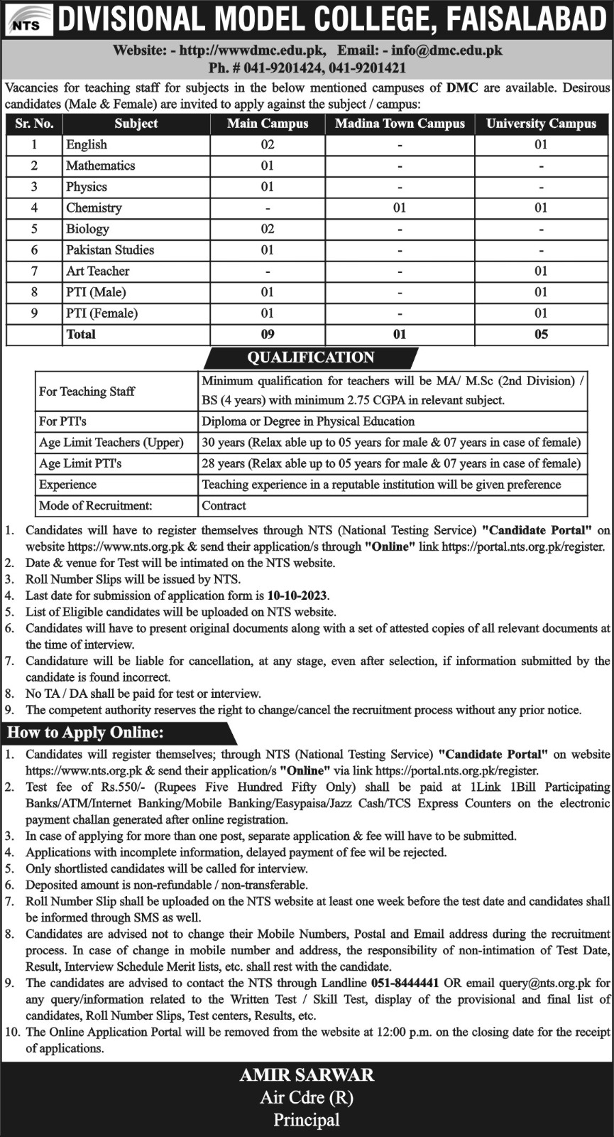 Divisional Model College Faisalabad NTS Jobs 2024 Registration Deadline