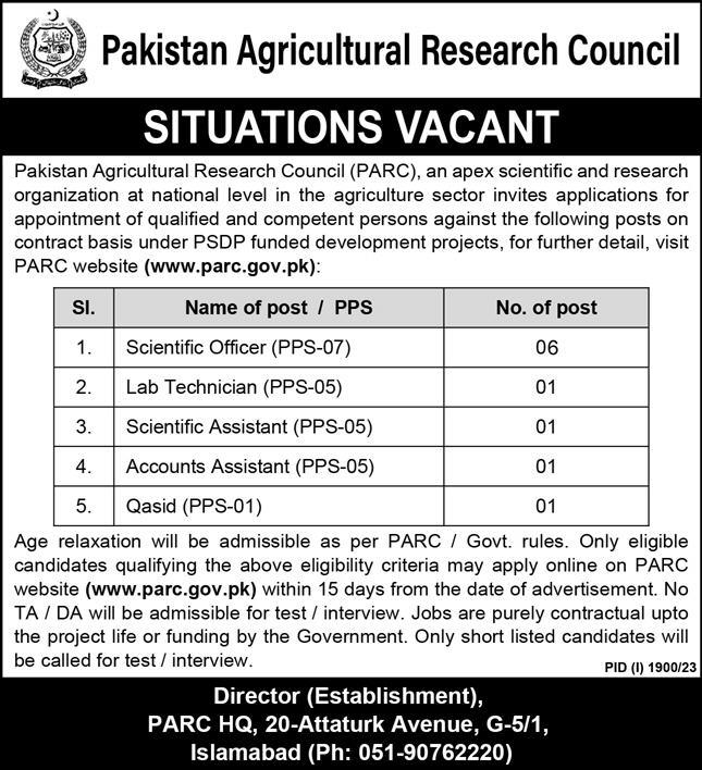 Pakistan Agricultural Research Council Jobs 2024 Registration Online